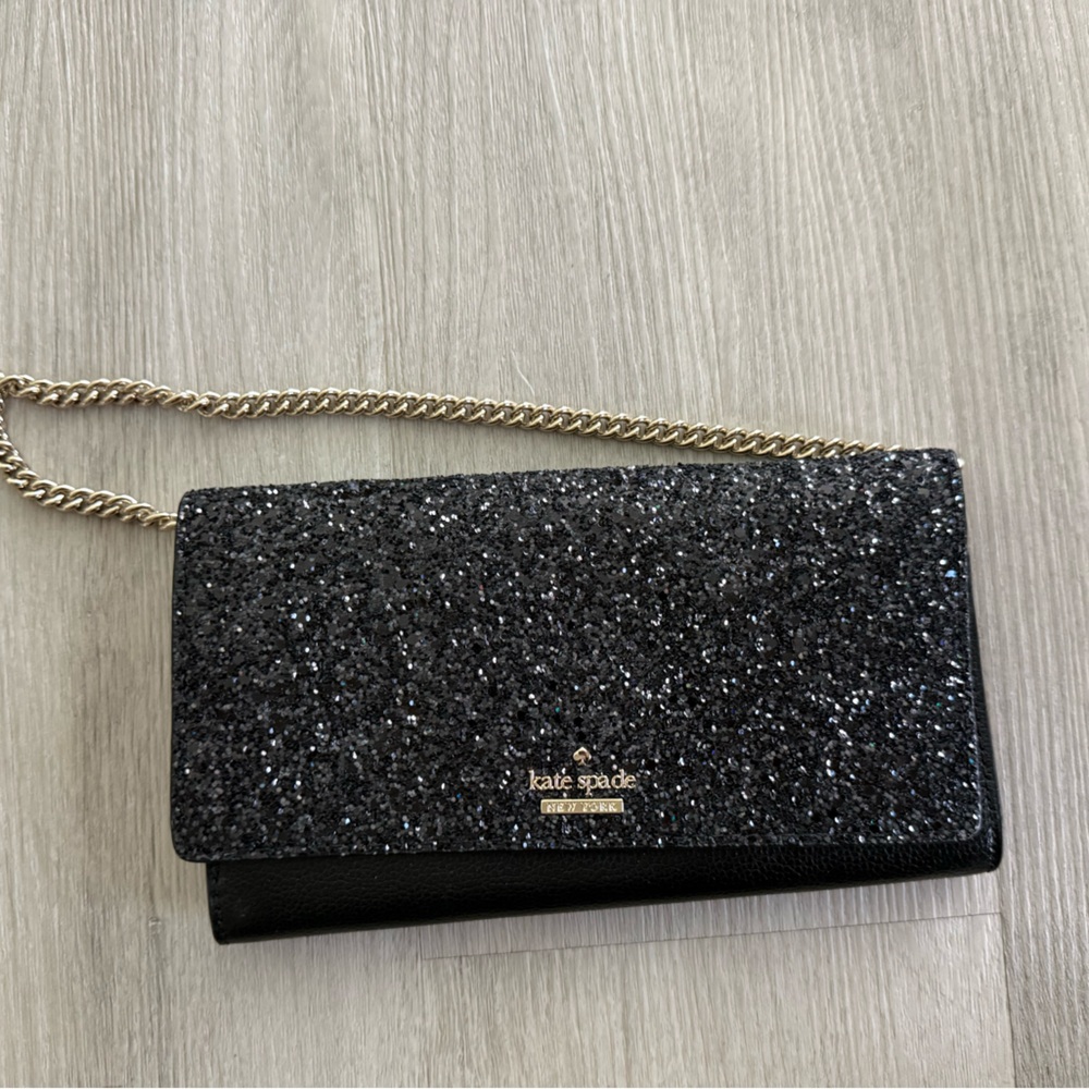 kate spade Laurel Way Glitter Milou Black Wallet Crossbody with Gold Chain